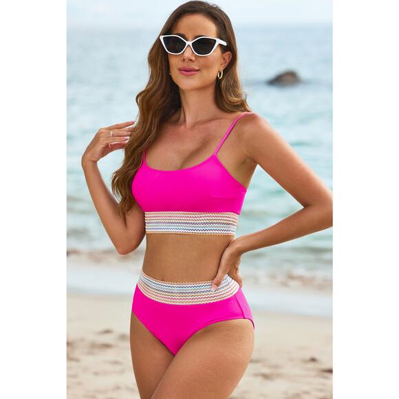 Rose Striped Patchwork Spaghetti Strap High Waist Bikini Swimsuit New S, M, L,XL - Picture 9 of 11